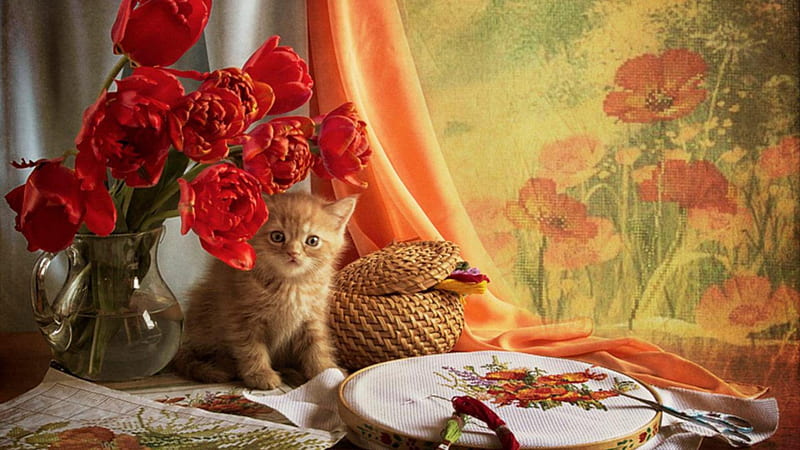 Cute Kitten, cute, red, still life, embroidery, ginger, tulips, kitten, HD wallpaper