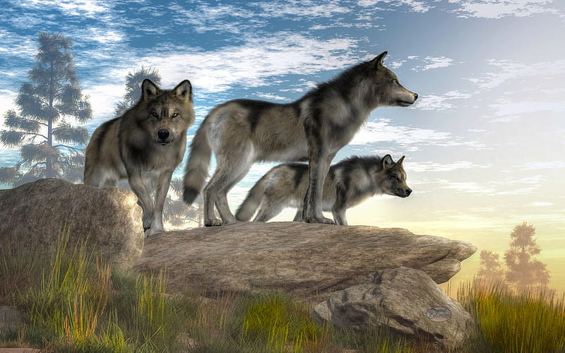 Three Wolves on a Ledge, wild, ledge, nature, ourdoors, Wolves, animals, HD wallpaper