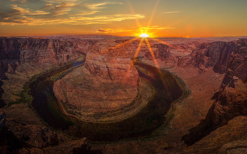 Horseshoe Bend, Colorado River, sunset, evening, rocks, Glen Canyon, Arizona, Colorado, USA, HD wallpaper