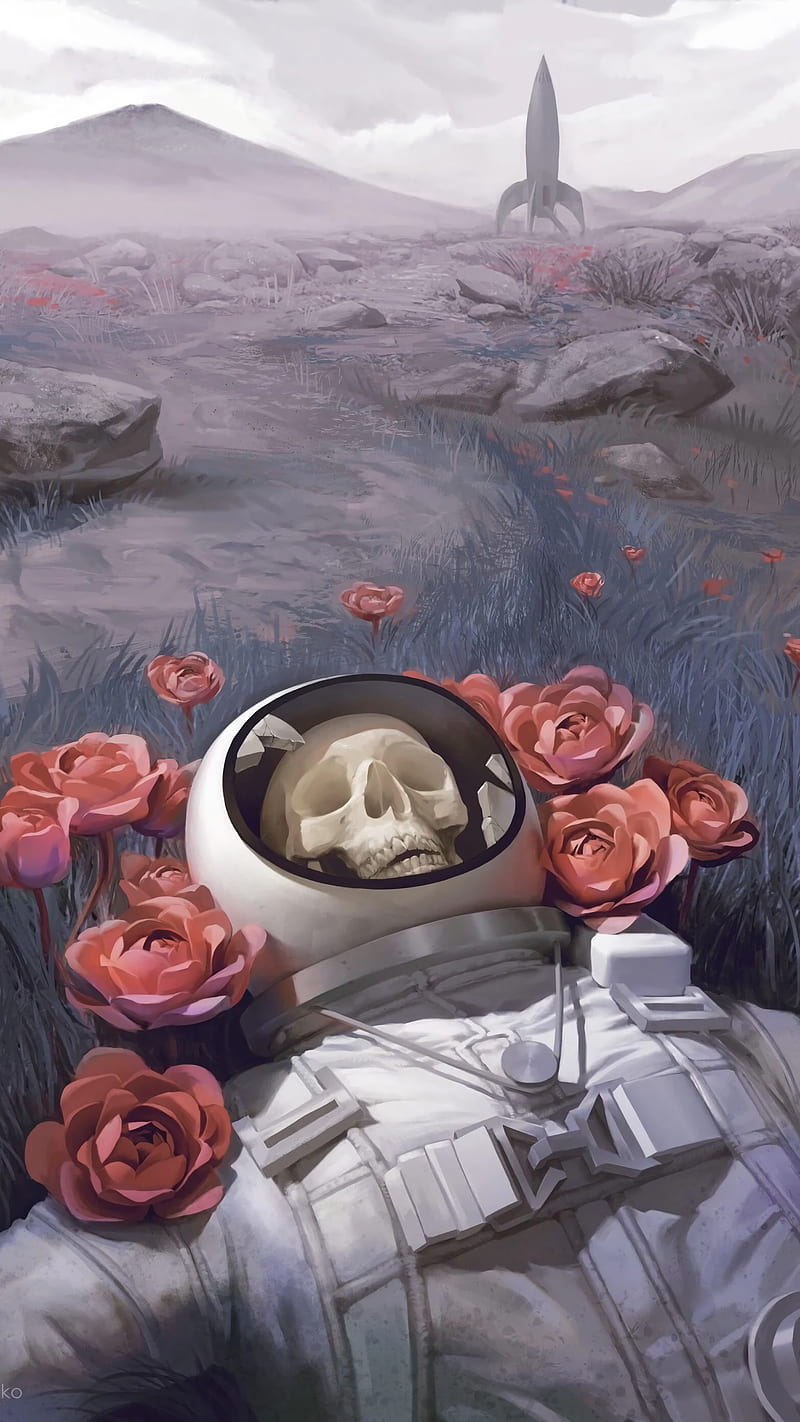 artwork, digital art, roses, flowers, astronaut, science fiction, skull, spaceship, HD phone wallpaper