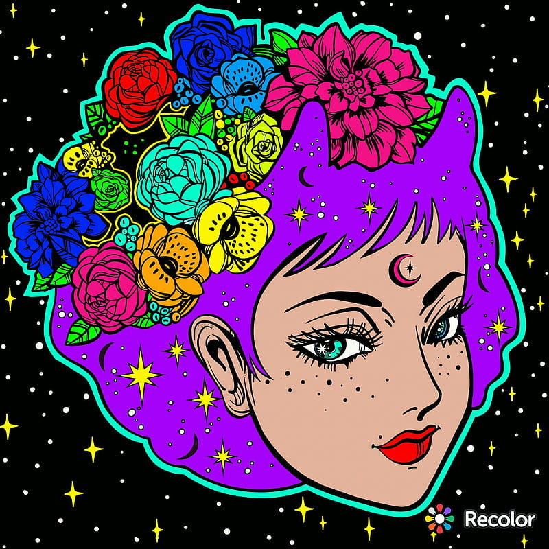 Galaxy girl, cool, cute, flowers, pretty, space, stars, HD phone wallpaper