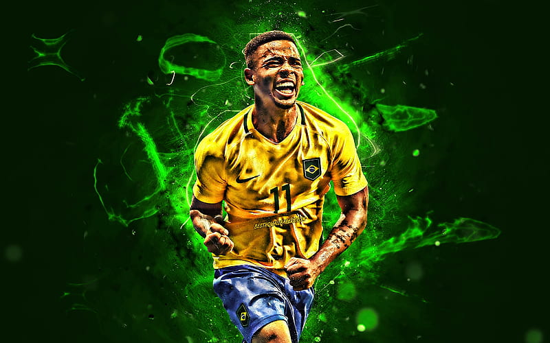 Gabriel Jesus, joy, Brazil National Team, striker, football, forward, soccer, Jesus, neon lights, Brazilian football team, HD wallpaper