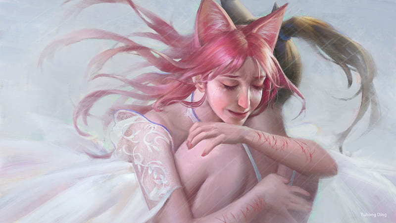 Good-Bye!, hugs, rainm, ears, pink, creature, art, frumusete, luminos, yuhong ding, fantasy, girl, HD wallpaper