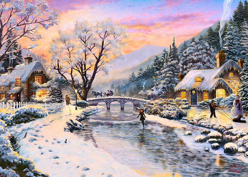Winter Evening Gathering - Thomas Kinkade, sunset, river, snowman, skating, cottages, clouds, sky, artwork, bridge, snow, painting, ice, HD wallpaper