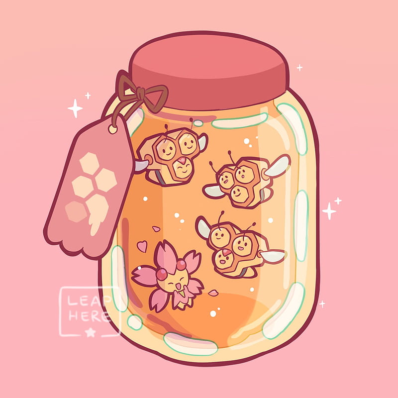 Jar of Combee, cherrim, cherry blossom, combee, game freak, games, nintendo, pink, pokemon, sakura, yellow, HD phone wallpaper