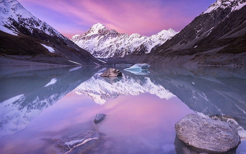 new zealand, sunset, mountain lake, lake, mountain landscape, mount aoraki, HD wallpaper