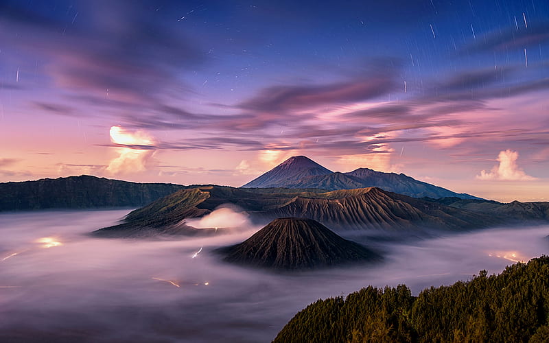 Calm Volcano Landscape in Fog, HD wallpaper