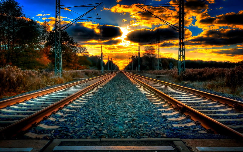 RAILWAY TRACK to HORIZON, track, sunset, railway, landscape, HD wallpaper