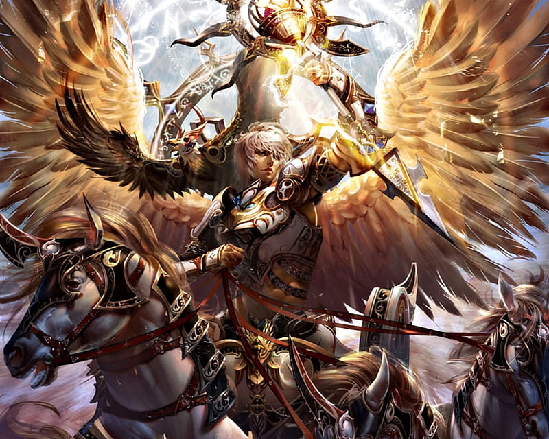 Helios, art, wings, golden, angel, game, man, horse, fantasy, feather, yuchenghong, god, HD wallpaper