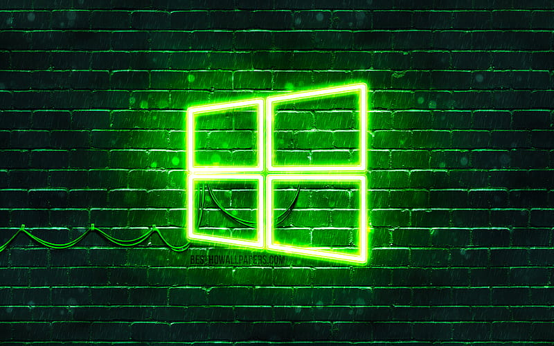 Windows 10 green logo green brickwall, Windows 10 logo, brands, Windows 10 neon logo, Windows 10, HD wallpaper