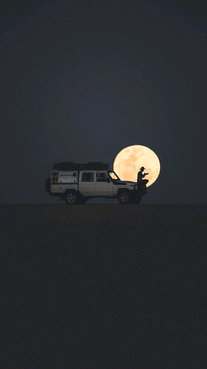 Jeep at night, black, boy, car, human, moon, wheels, HD phone wallpaper