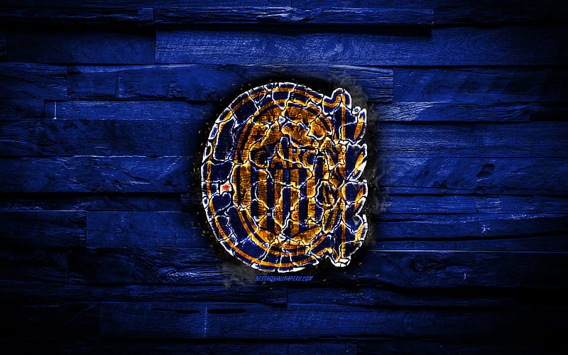 Rosario Central FC, burning logo, Argentine Superleague, blue wooden background, Argentinean football club, Argentine Primera Division, CA Rosario Central, football, soccer, Rosario Central logo, Rosario, Argentina, HD wallpaper