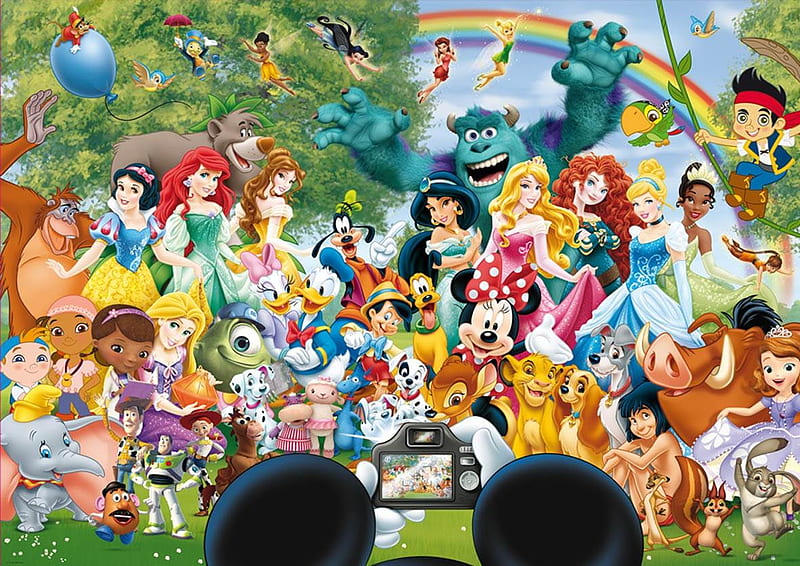 Say cheese!, colorful, all, luminos, characters, mickey mouse, princess, disney, HD wallpaper