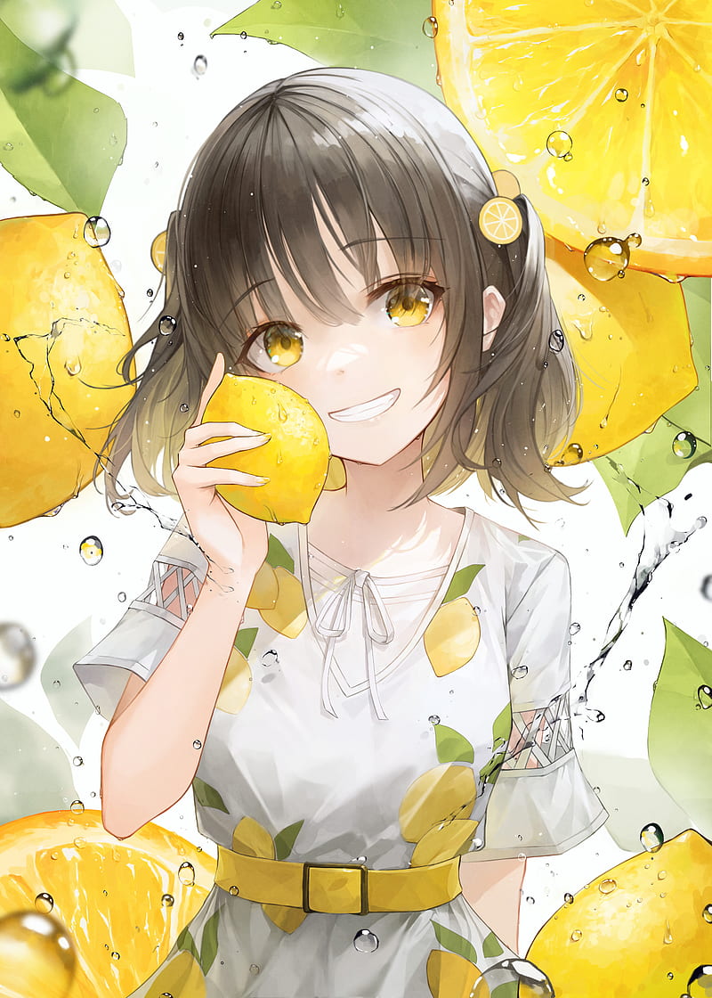 girl, smile, lemons, lemonade, drops, yellow, anime, HD phone wallpaper