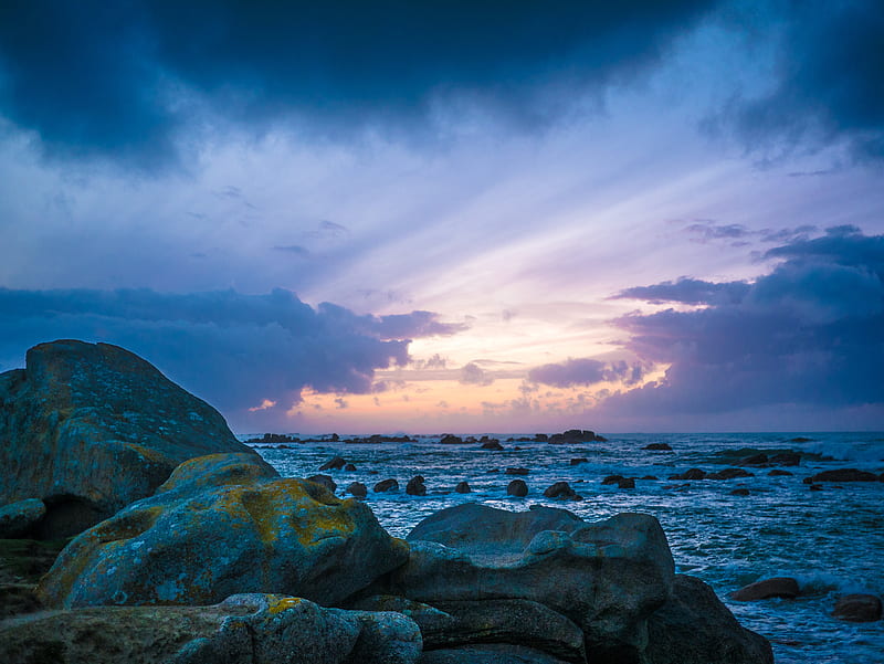 stones, rocks, sea, sunset, clouds, HD wallpaper
