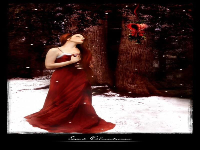 LAST CHRISTMAS, red, forest, female, christmas, snow, winter, HD wallpaper