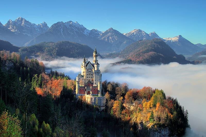 Castle Neuschwanstein, colorful, germany, fantastic, bonito, mountain, neuschwanstein, color, nature, r, castle, outdoor, HD wallpaper