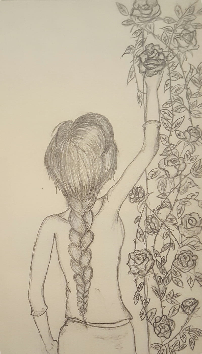 Picked, black and white, drawing art, flower, girl, long hair, HD phone wallpaper