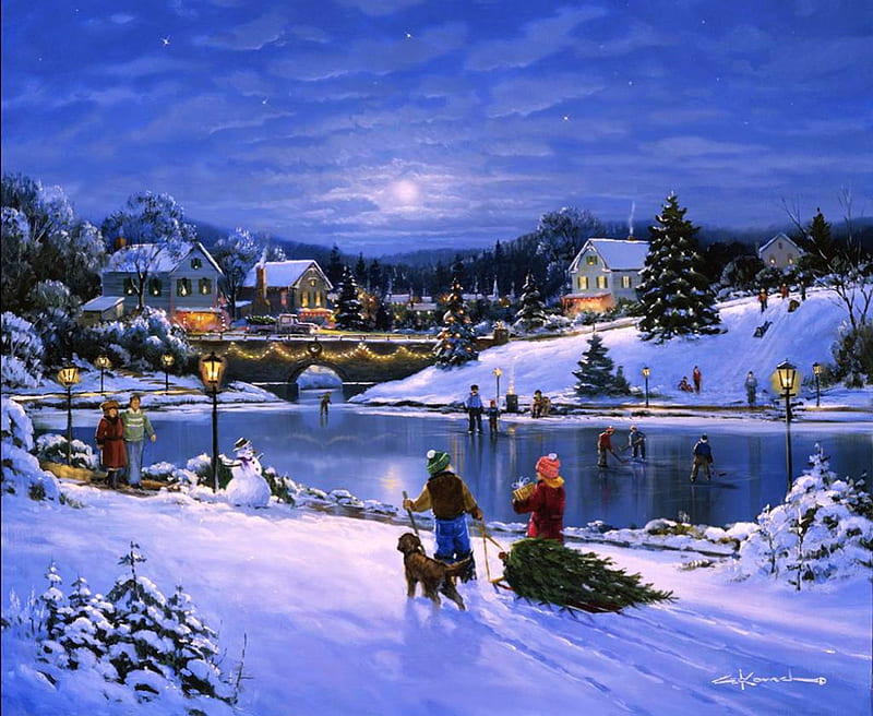 Christmas Traditions, houses, artwork, winter, pond, snow, people, painting, ice, skating, dog, HD wallpaper