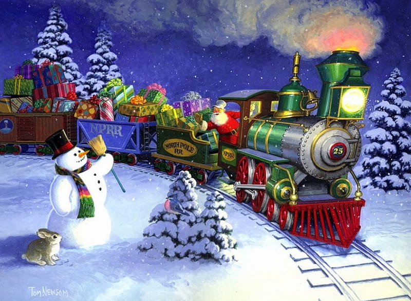 Up with paper Santa's train, pretty, art, christmas, holiday, fun, joy, snowman, winter, santa, train, snow, painting, evening, paper, HD wallpaper