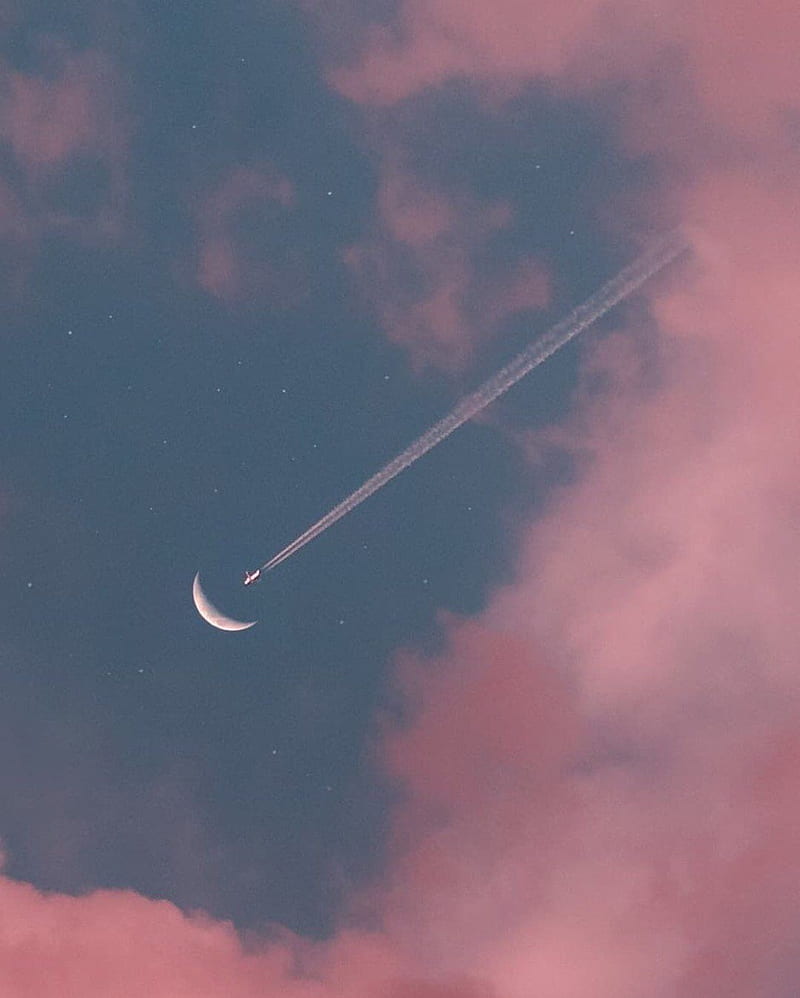 Airplane, flying, clouds, pink, moon, crescent, space, take off, HD phone wallpaper