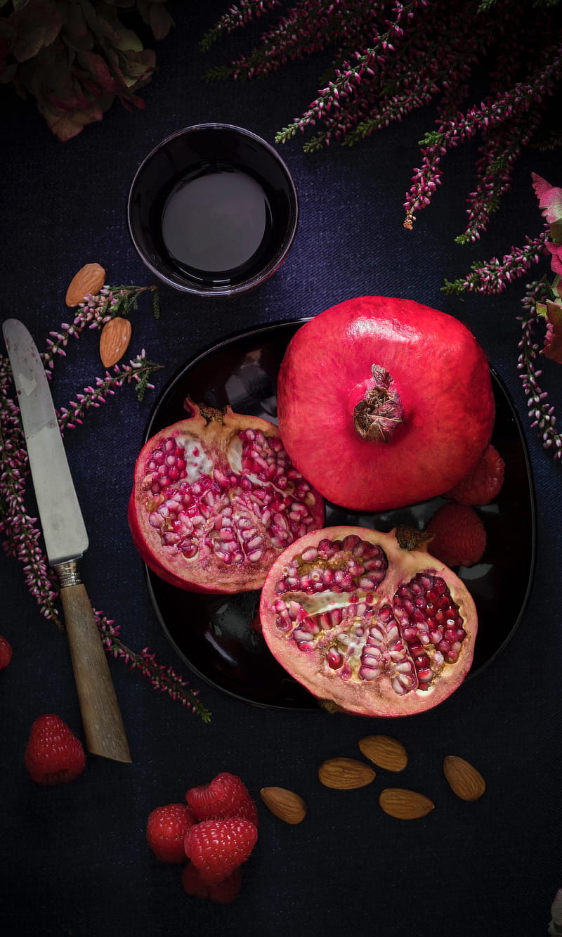 kan fi wekhls, black, knife, pomegranate fruit, red, HD phone wallpaper