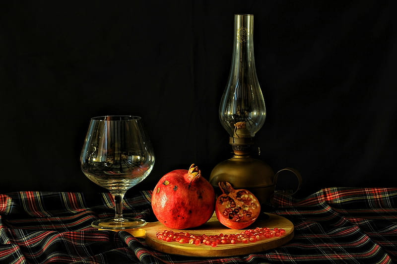 Still life, Table, Pomegranate, Lamp, Glass, HD wallpaper