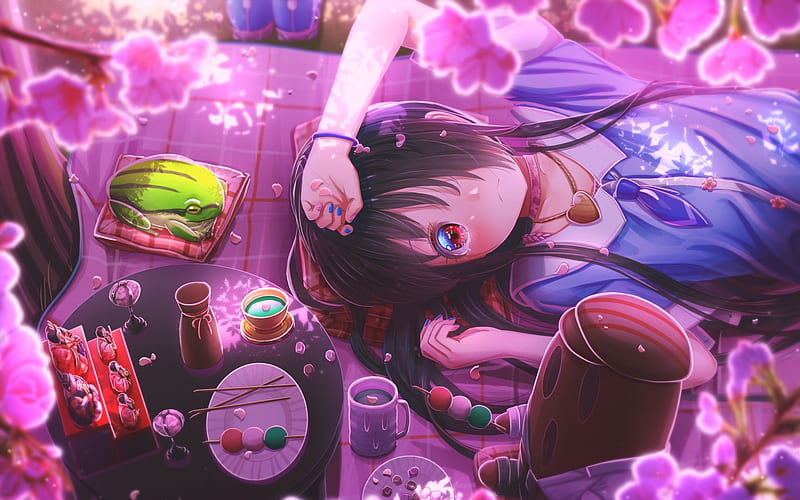 anime girl, lying down, frog, short hair, Anime, HD wallpaper