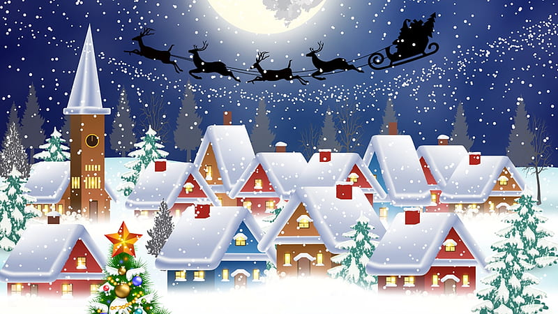 Christmas Eve Village, Christmas, cottges, houses, homes, Santa Claus, church, trees, winter, snow, village, chapel, Firefox Persona theme, HD wallpaper