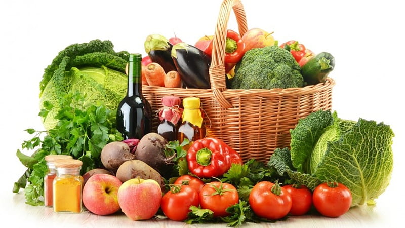 Still life, vegetables, basket, fresh, fruits, HD wallpaper