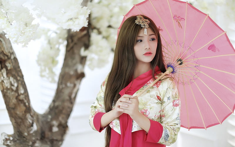 Women, Asian, Blossom, Kimono, Parasol, Woman, HD wallpaper