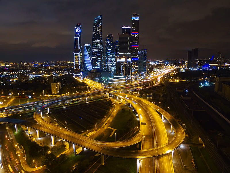 city, buildings, roads, aerial view, night, moscow, russia, HD wallpaper