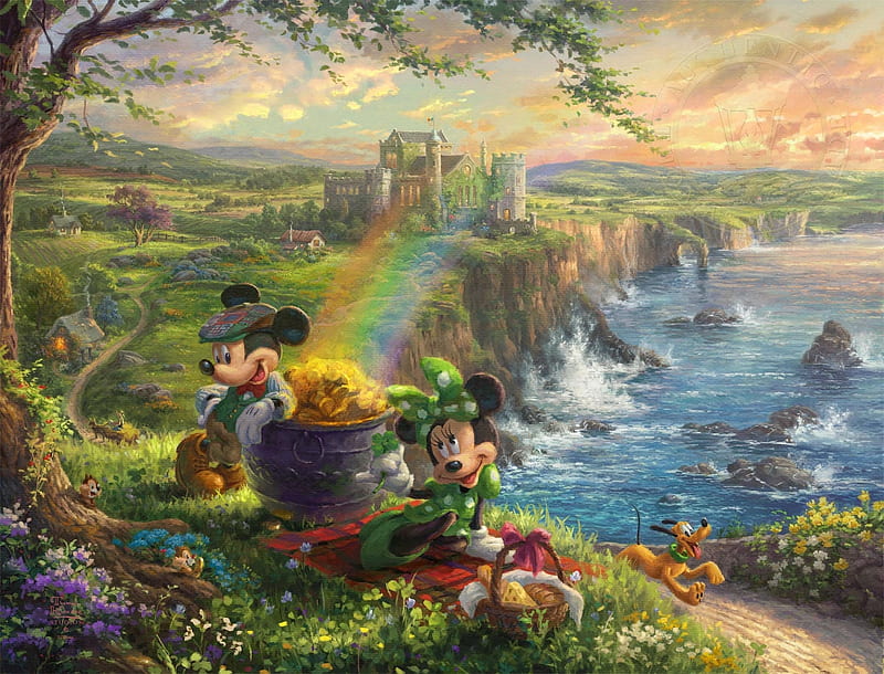 Mickey and Minnie Mouse in Ireland, art, ireland, painting, pluto, minnie, mickey mouse, thomas kinkade, disney, HD wallpaper