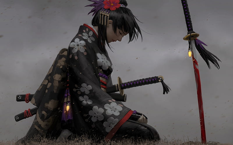 Sadness, art, luminos, guweiz, kimono, fantasy, girl, samurai, katana, asian, sword, HD wallpaper