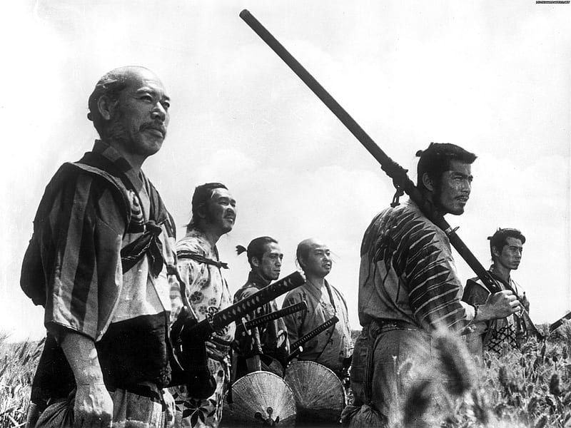 Chinese Warriors, japanese, black and white, toshiro mifune, kurosawa, mifune toshiro, kurosawa akira, warrior, samurai, seven samurai, takashi shimura, akira kurosawa, shimura takashi, HD wallpaper