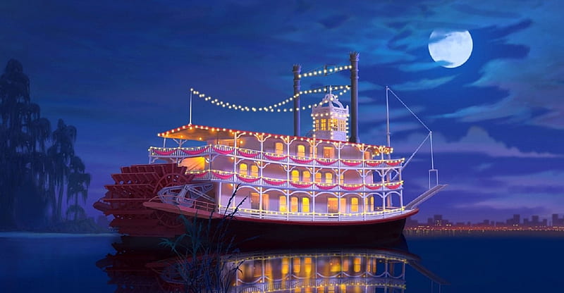 Cruise at Full Moon, moons, oceans, draw and paint, glow, love four seasons, attractions in dreams, cruises, boats, paintings, travels, HD wallpaper