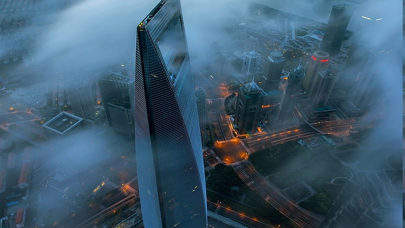 aerial view of shanghai in fog r, city, view, r, evening, aerial, fog, skyscrapers, HD wallpaper
