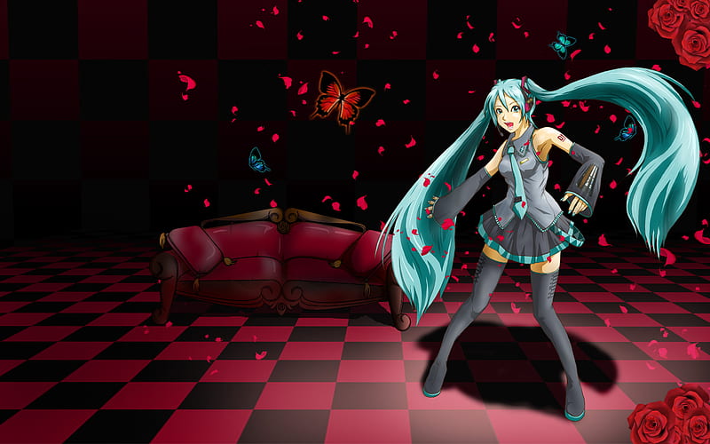 Hatsune Miku, pretty, cg, nice, butterfly, anime, couch, aqua, beauty, checkered, anime girl, vocaloids, art, twintail, skirt, black, miku, singer, sexy, cute, headset, hatsune, cool, digital, awesome, white, idol, red, artistic, rose, headphones, tie, bonito, thighhighs, program, hot, vocaloid, outfit, music, diva, microphone, song, girl, uniform, flower, virtual, HD wallpaper