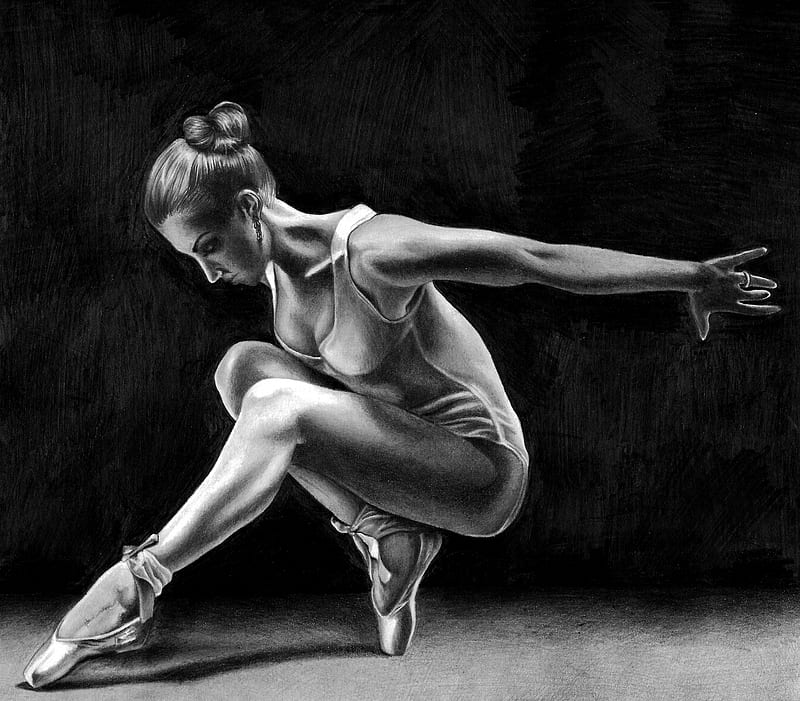 Sketched Ballerina, artist, costume, Ballet, black and white, brunette, flexible, pencil, muscles, shoes, HD wallpaper