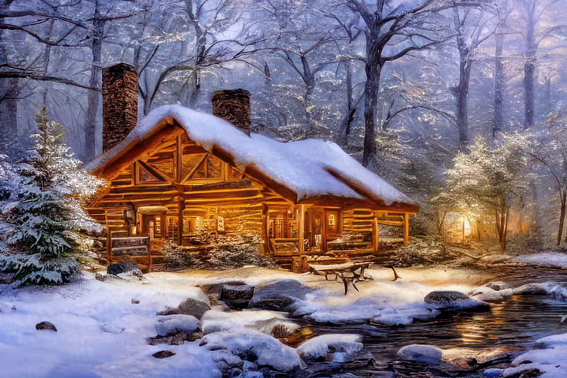 Log cabin in winter, cottage, forest, cabin, fairytale, river, wooden, winter, frost, creek, house, cold, beautiful, snow, HD wallpaper