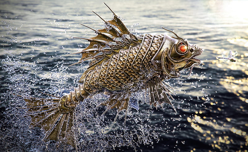 Gold Fish Ultra, Artistic, 3D, Fish, desenho, Robot, Water, HD wallpaper