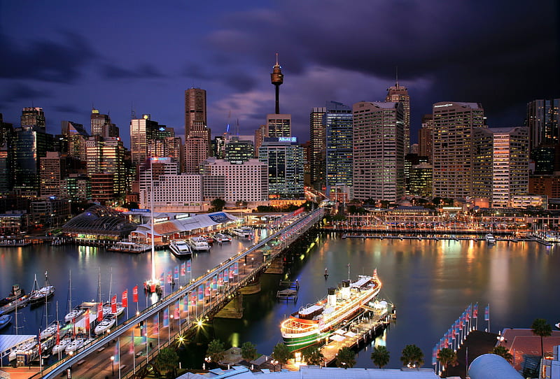 Sydney, Australia, buildings, sky, clouds, lights, sea, skyscrapers, Sydney, city, bridge, skyline, nature, Australia, sailboats, HD wallpaper
