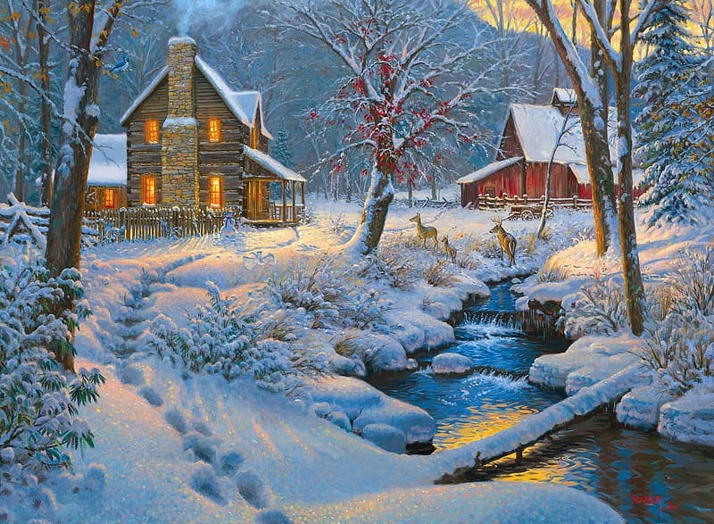 Warm an Cozy, winter, warm, cozy, nature, cabin, scenery, HD wallpaper