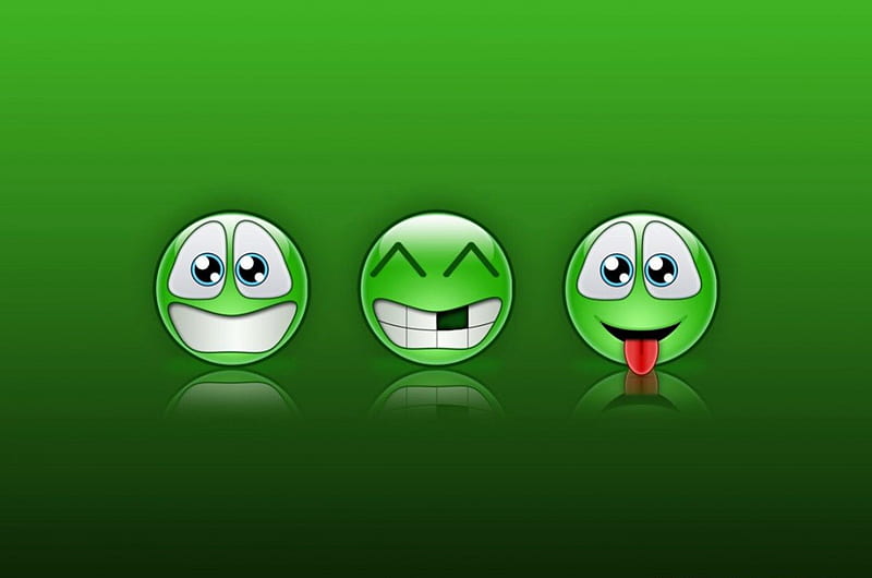 Green Smileys, green, smilies, three, smile, abstract, smileys, HD wallpaper