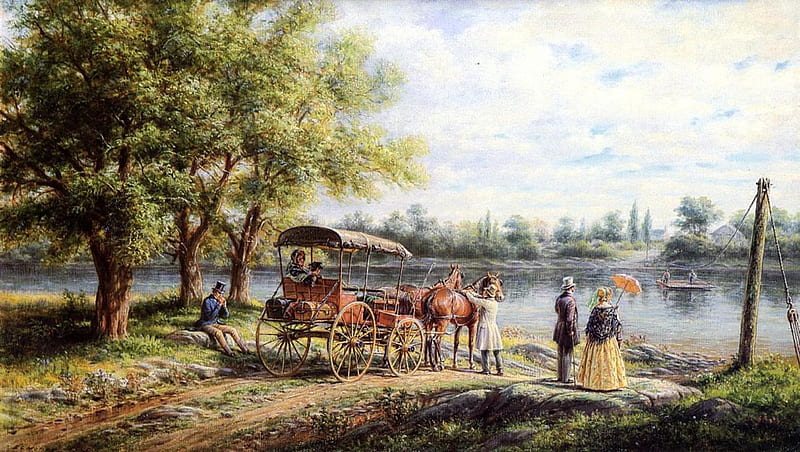 Waiting for the ...Ferry Boat...Painting, art, boat, people, painting, bonito, river, nature, horse, HD wallpaper