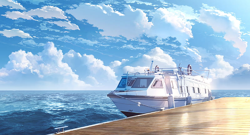 anime seascape, boat, clouds, sky, scenery, Anime, HD wallpaper