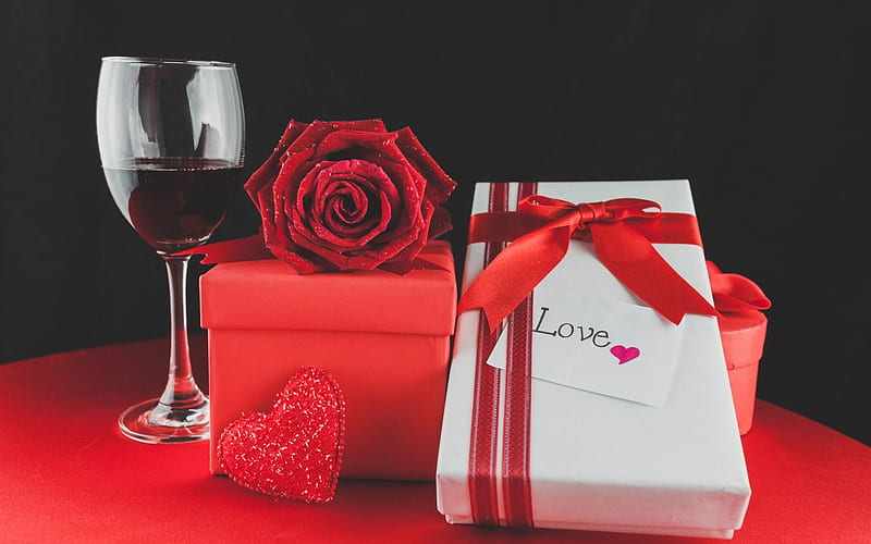 Valentine , Glasses, romantic, valentine day, ribbon, box, gift, red rose, red velvet, love, HD wallpaper
