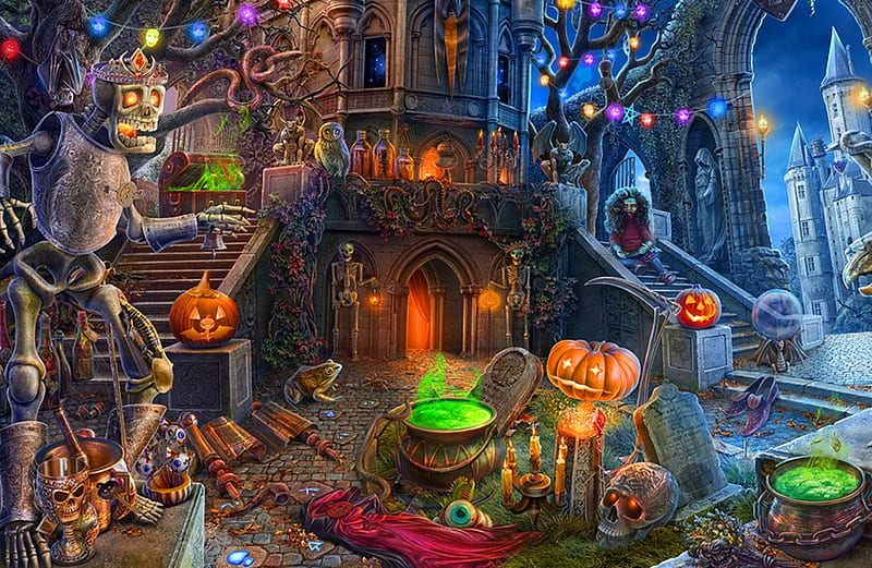 Halloween, room, fantasy, g5 games, witch, pot, HD wallpaper