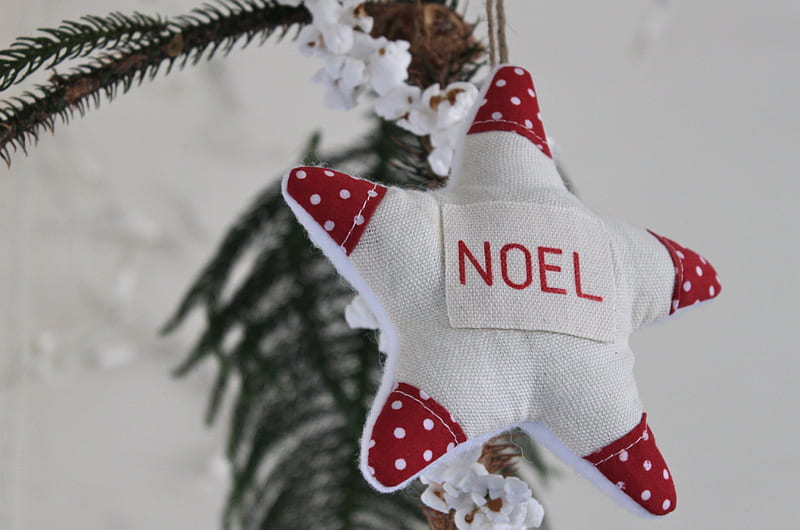 Christmas Star, red, christmas, polka dots, white, ornament, noel, star, HD wallpaper