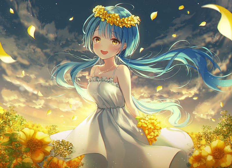 beautiful anime girl, teary eyes, sunflower field, twintails, petals, Anime, HD wallpaper